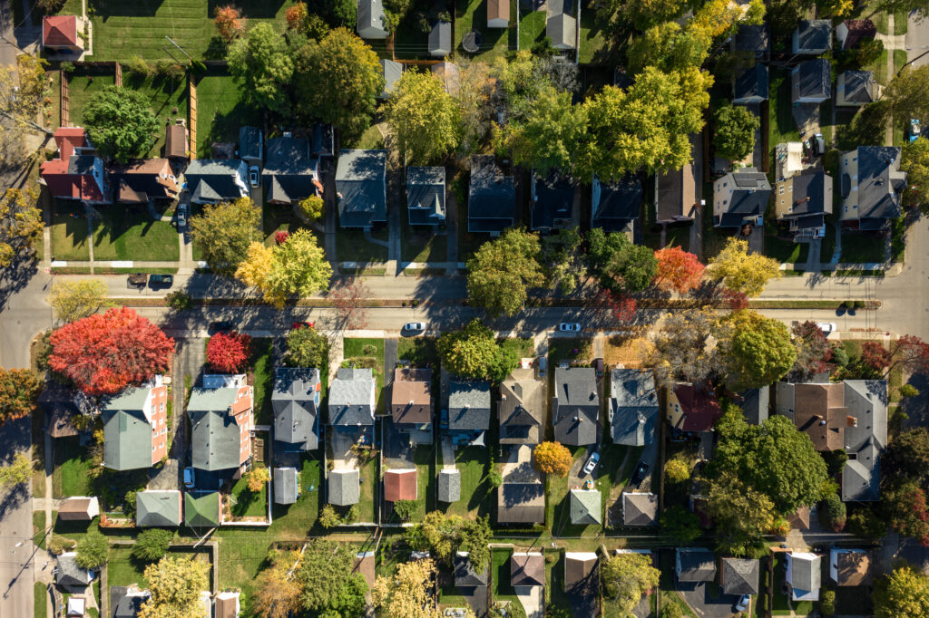 Aerial still of residential neighborhood